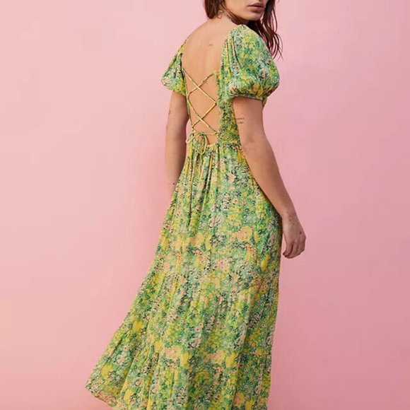 UO Lottie Backless Green Floral Midi Dress Printed M & S - Picture 2 of 9